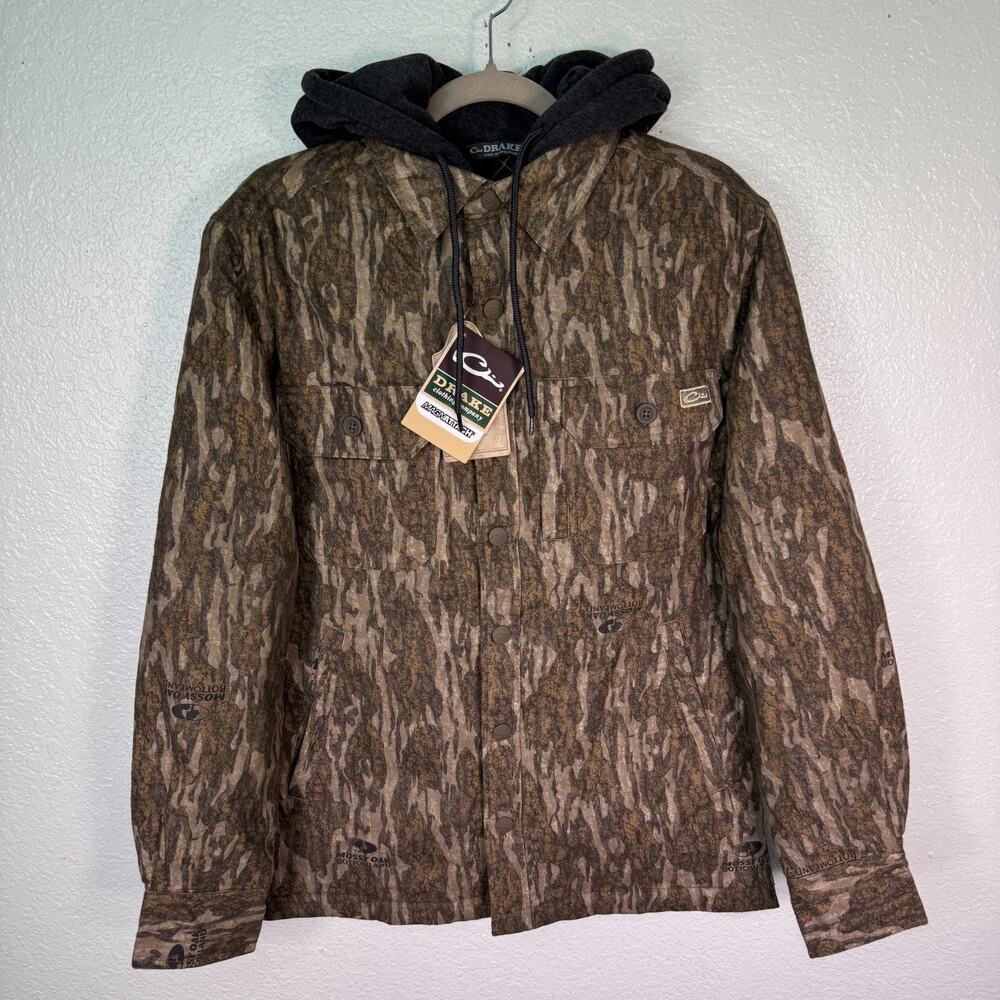 Drake Campfire Flannel Hoodie Men Small Bottomland Camouflage Mossy Oak Hunt NEW